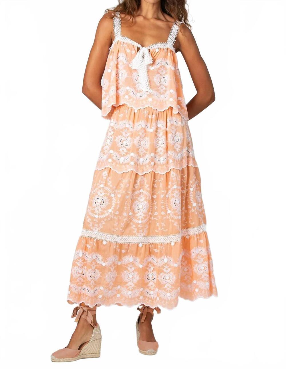 NEW MIGUELINA loreline floating flower voile embroidery midi skirt in apricot